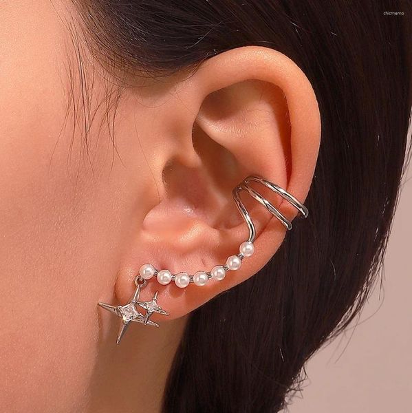 Boucles d'oreilles à clous en zircone cubique incrustée de quatre étoiles, Clip d'oreille, Piercing, mode perle os, accessoires de tempérament pour femme