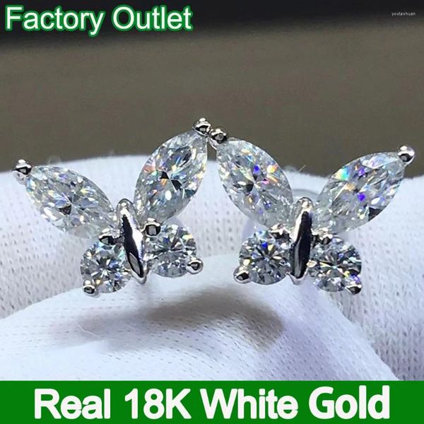 Boucles d'oreilles Custom Real 18k White Gol Women Butterfly Marquise Moisanite Diamond Présent le mariage de mariage Gift Engagement