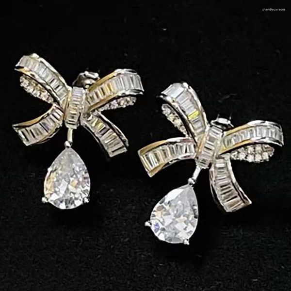 Boucles d'oreilles Custom Real Solid 18K White Gold Women Bowknot Water Drop Moisanite Diamonds Wedding Party Anniversary