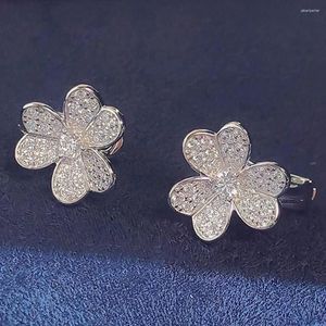 Boucles d'oreilles étalon Solide Solide 14K Or blanc Femmes Clover Poussez la boucle d'oreille Back Moisanite Diamonds Mariage Engagement Anniversaire