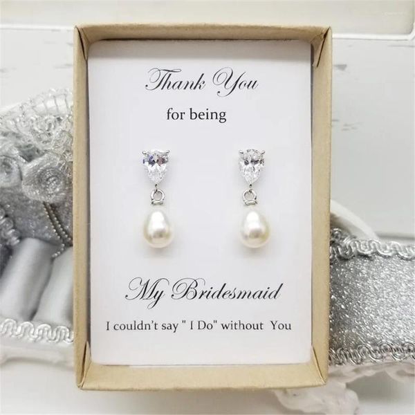 Pendientes de tuerca, joyería de boda personalizada con perla cremosa, colgante de dama de Honor, Circonia cúbica, caja de regalo con mensaje, cristal de cumpleaños