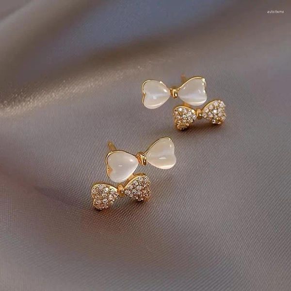 Pendientes de tuerca bonitos para mujer, doble lazo, ópalo de cristal blanco de lujo, Color oro amarillo, boda para mujer