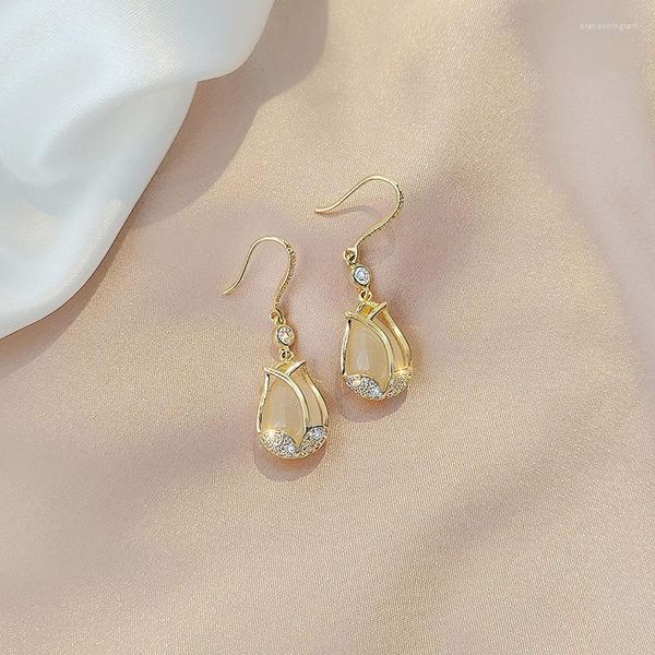 Boucles d'oreilles à tige mignonne femme blanche pierre de lune goutte luxe cristal jaune or couleur mariage pour les femmes