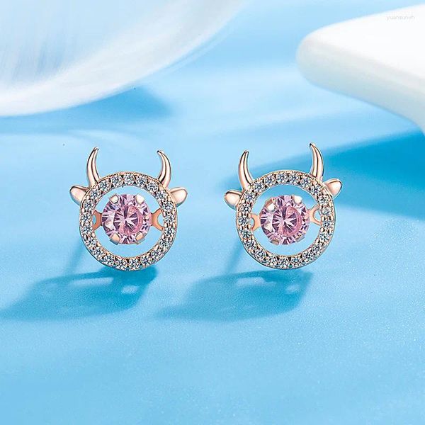 Pendientes de tuerca bonitos de Color oro rosa, cuerno de buey pequeño, circonita redonda, doce signos del zodiaco, año de la joyería, regalos para niñas