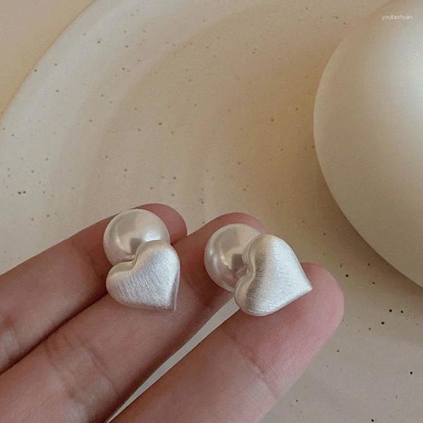 Boucles d'oreilles mignon couleur argent mat métal coeur mode coréenne deux utilisations perle oreille goujons bijoux fête accessoires pour femmes boucles d'oreilles