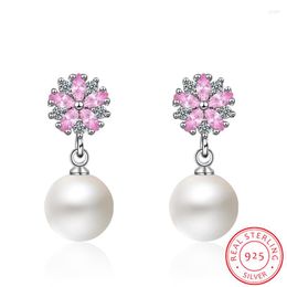 Pendientes de tuerca bonitos y pequeños de Plata de Ley 925, flor de cerezo rosa para mujeres y niñas, joyería para chico, perla Natural, oreja de cristal