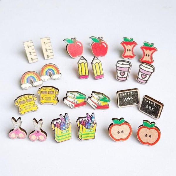 Boucles d'Oreilles Mignonne Enseignant École Appréciation Cadeau Bus Pomme Crayon Retour 2 Cadeaux Bijoux En Gros