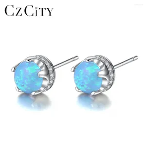 Stud -oorbellen Czcity Brand Sterling Silver 925 Fijn blauw groen opaal voor vrouwen fel rond petite meisje feest schattig cadeau