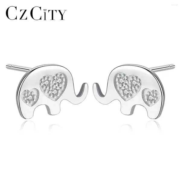 Pendientes de sementales Czcity Double Heart 925 Sterling Silver Elephant para Women Aniversario Joyería Fina Animal Cz Niña Regalo