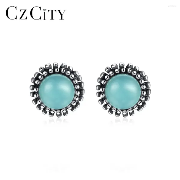 Boucles d'oreilles Czcity Pure 925 argent sterling pour femmes bijoux fins rondes turquoise post-oreille joyeria fina para mujer se0422