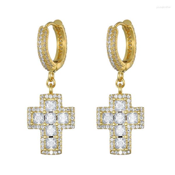 Pendientes de tuerca DZ 1 par Iced Out Baguette Zircon Cross Drop Dangle Pendiente con bisagras Hip Hop Rock para hombres Joyería