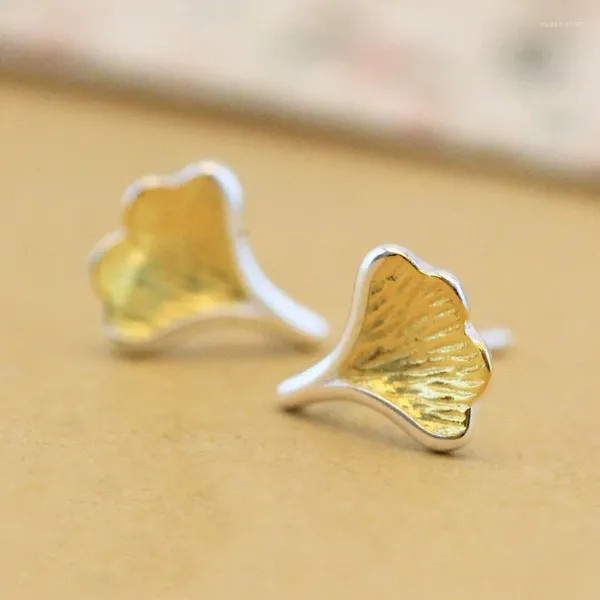 Pendientes De Botón Margaritas Plata De Ley 925 Hojas De Ginkgo Doradas Para Mujer Elegante Señora Declaración Joyería De Plata Esterlina