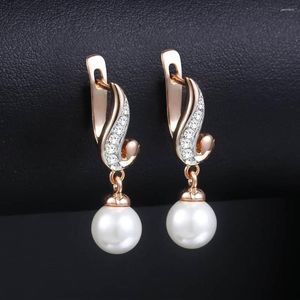 Stud -oorbellen Davieslee 585 Rose Gold Color White Simulated Pearl For Women Earring Cubic Zirconia Elegante Jewelry LGE143A