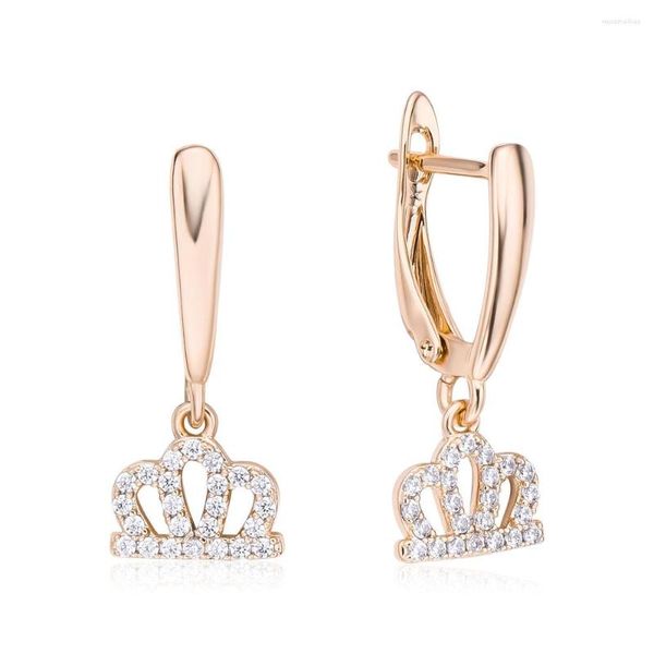 Pendientes de tuerca Dckazz, pendiente con colgante de corona, lujosa incrustación exquisita, circonita brillante 585, Color oro rosa, joyería de compromiso para mujer