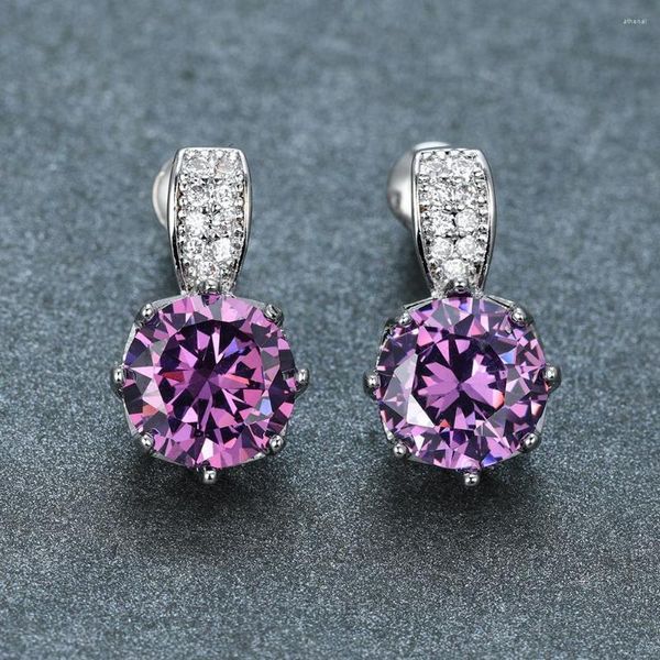 Boucles d'oreilles délicates couleur argent, coupe ronde violette pour femmes, pierre de cristal Zircon, bijoux en pierre de naissance