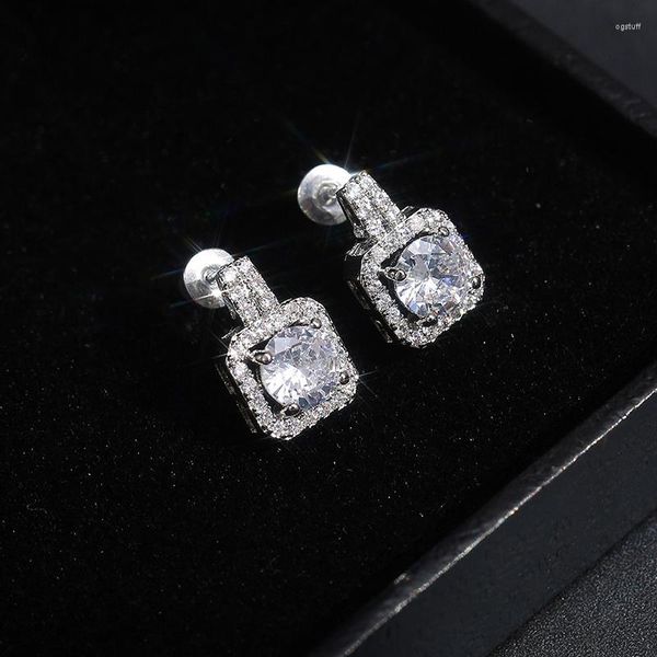 Boucles d'oreilles carrées plaquées argent pour femmes, bijoux de luxe en pierre de zircone cubique entièrement pavées, à la mode, pour mariage