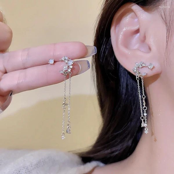 Pendientes de tuerca delicados circonio Luna mariposa borla para mujer coreano exquisito cristal asimétrico pendiente chica joyería de fiesta