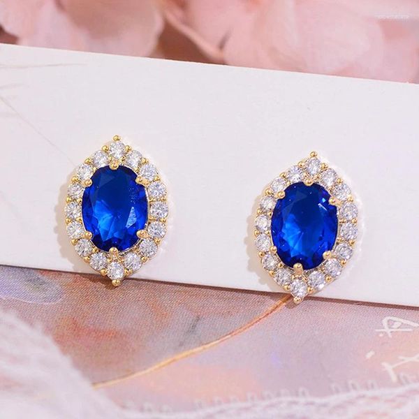 Boucles d'oreilles Design plaqué or 14 carats, cristal ovale bleu Royal pour femmes et filles, bijoux en argent S925, aiguille en zircone