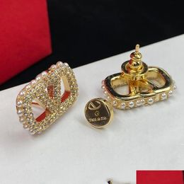 Boucles d'oreilles Designer pour femmes Luxe Gold Heart Forme Perle Cristal Double V Lettre 925S Sier Bijoux Classique 77 Drop Livraison Otskv