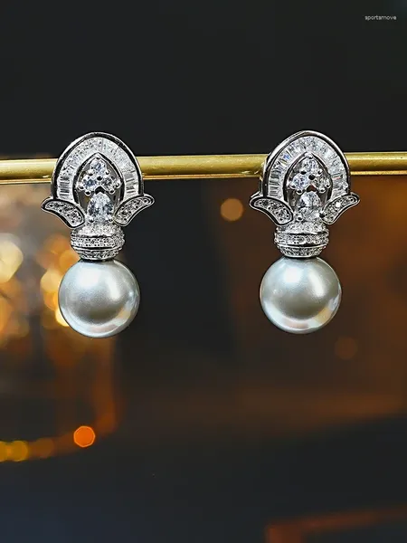 Pendientes Pendientes Desire Grey Fritillaria Pearl Crown Pendientes de plata 925 con incrustaciones de diamantes con alto contenido de carbono Lujo ligero Versátil y elegante