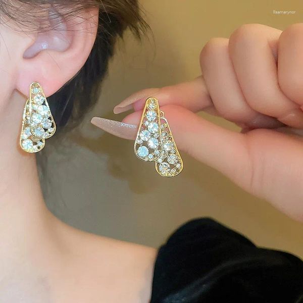 Boucles d'oreilles Double couche en strass, gouttelettes d'eau pour femmes, bijoux de fête de Style français