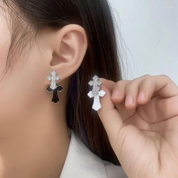 Pendientes de tuerca de doble cara para mujer, Cruz de circonita con goteo de aceite, joyería de moda, accesorios minimalistas