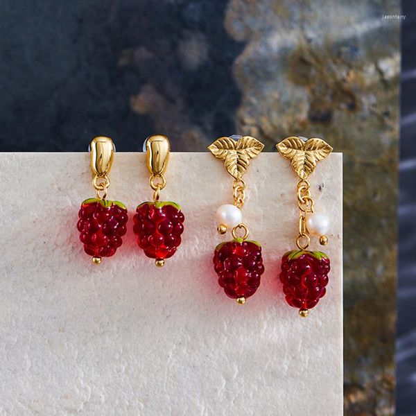 Pendientes de tuerca DREJEW uva roja para mujer niña moda fruta Color dorado hoja de cobre perla oreja joyería regalos