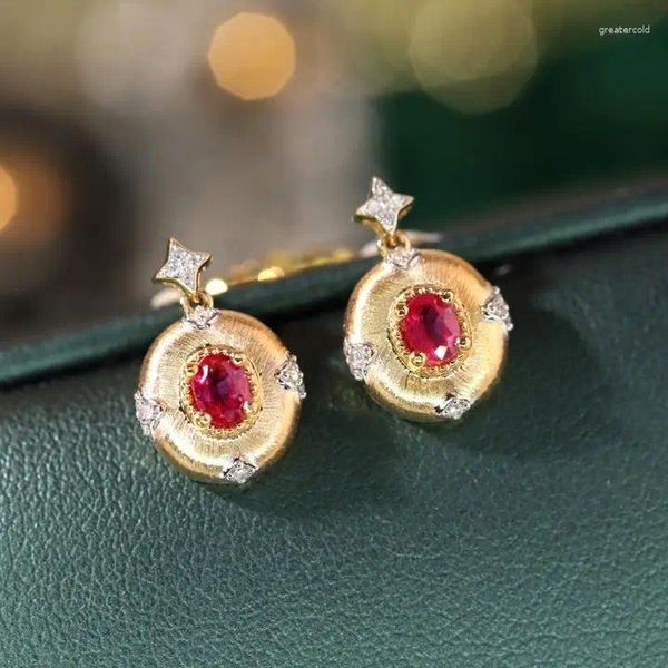 Pendientes de tuerca DSY, oro amarillo sólido de 18 quilates, rubí rojo natural, tachuelas de diamantes de 0,46 quilates para mujer, joyería fina, regalos de cumpleaños