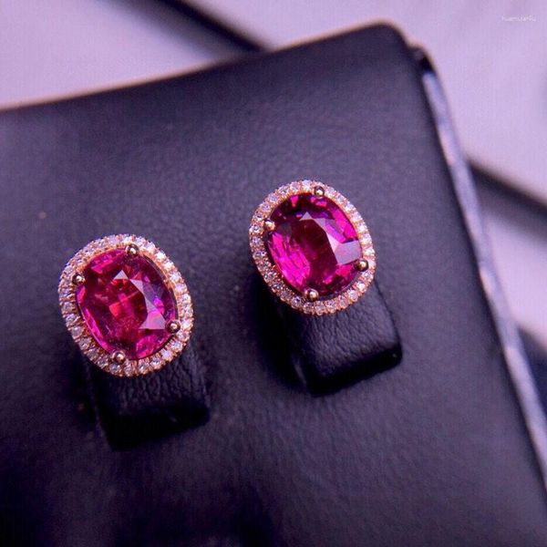 Pendientes de botón E2023 Joyería fina Real 18K Oro rosa Turmalina roja 3ct Piedras preciosas Diamantes Espárragos para mujeres Regalos de vacaciones