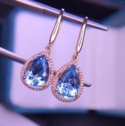 Boucles d'oreilles E320, bijoux fins, or blanc pur 18 carats, aigue-marine naturelle, pierres précieuses 4,2 ct, diamants pour femmes