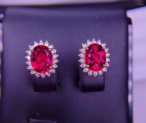 Pendientes de botón E708 Joyería fina Real 18K Oro rosa Turmalina roja 3.1ct Piedras preciosas Diamantes para mujer