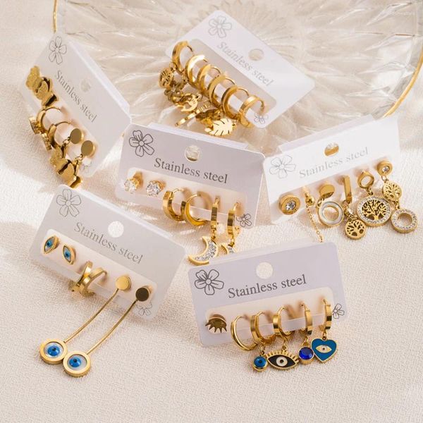 Pendientes de tuerca, conjunto de pendientes, Serie de aro colgante, Ojo del diablo, Árbol de la vida, acero inoxidable para mujer, regalo, accesorios de joyería de fiesta