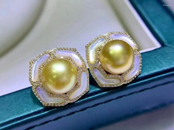 Boucles d'oreilles à tige élégantes, 9-10mm, perle d'or de la mer de Chine méridionale 925s