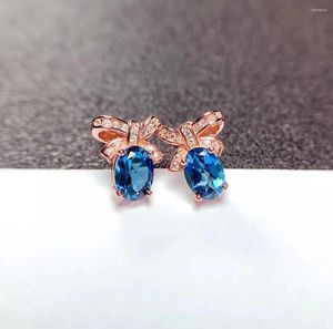 Oorknopjes Elegante 925 zilveren vlinderdas voor dagelijks gebruik 5,7 mm natuurlijke London Blue Topaz-oorbel