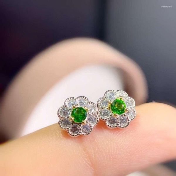 Pendientes de tachuelas elegantes lindas solas flores redondas naturales diopside Gemstone S925 Silver Girl Party Jewellry