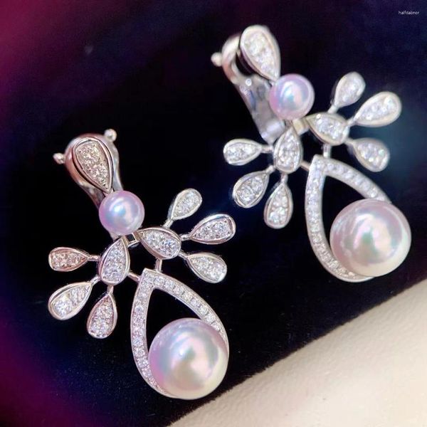 Boucles d'oreilles élégantes avec diamants complets, fleur CZ naturelle Akoya 4-5mm 8-9mm, perle blanche pour femmes