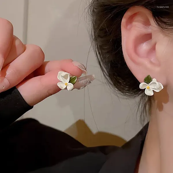 Boucles d'oreilles gardénia élégantes pour femmes et filles, fleur blanche douce, feuille verte, bijoux de fête de mariage, vente en gros