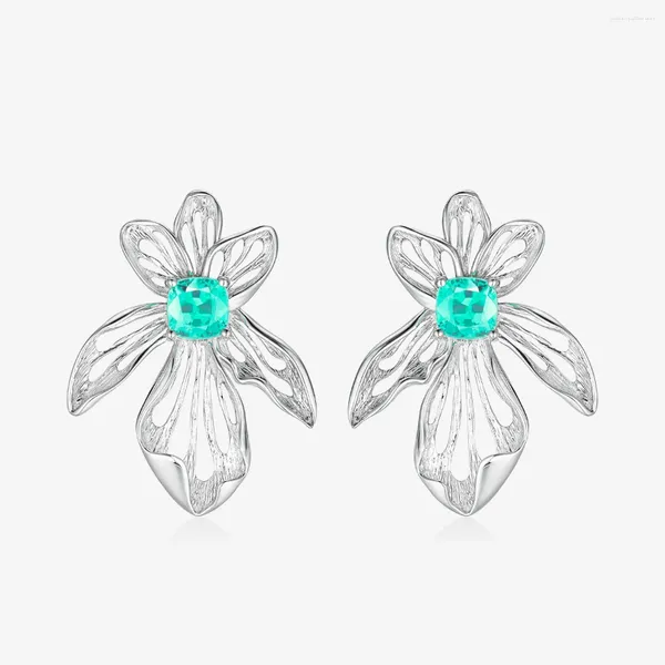 Pendientes de tuerca con diseño elegante de flor de lirio y pendiente de turmalina Paraiba verde lago simulado para mujer, joyería sencilla