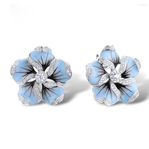 Pendientes de tuerca elegantes para mujer, circón brillante, cristal azul, árbol de loto, joyería de boda, regalos