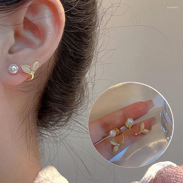 Boucles d'oreilles étalon les feuilles élégantes en arrière suspendues perle pour femmes français imitation de luxe et boucles d'oreille doux bijoux pendents mujer