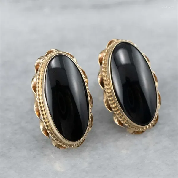 Boucles d'oreilles élégantes ovales incrustées avec des pierres noires pour les femmes de la mode de la mode de la mode en métal à motifs