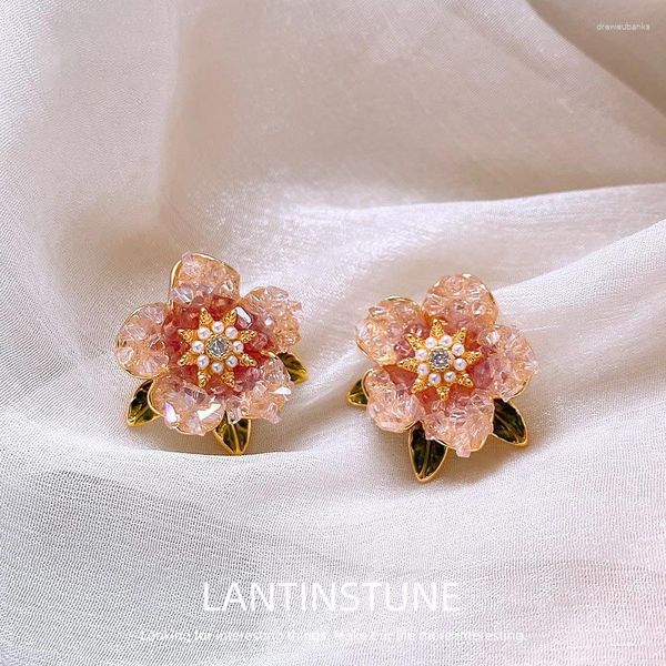 Pendientes de tuerca elegante flor de cristal rosa para mujer diseño avanzado hojas de esmalte verde dulce perlas simuladas joyería niña N664