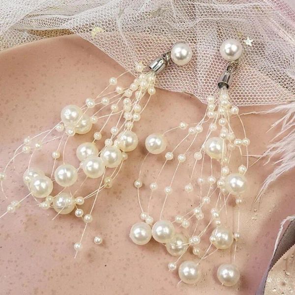 Pendientes de tuerca elegantes para mujer, multicapa, borla larga, perla simulada, moda para mujer, pendientes redondos con personalidad para boda, joyería