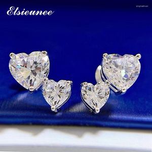 Boucles d'oreilles à tige ELSIEUNEE Sparkling Solid 925 Sterling Silver Double Heart Simulé Moissanite Diamond Wedding Women Fine Jewelry