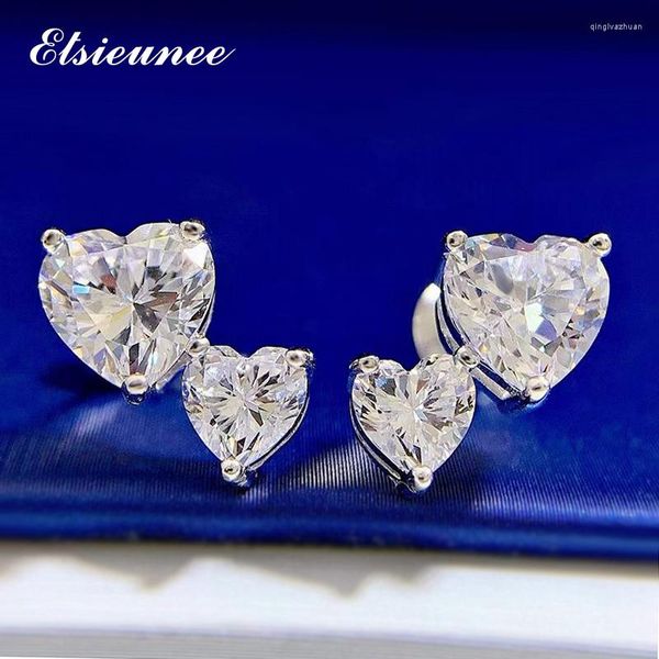 Boucles d'oreilles à tige ELSIEUNEE Sparkling Solid 925 Sterling Silver Double Heart Simulé Moissanite Diamond Wedding Women Fine Jewelry