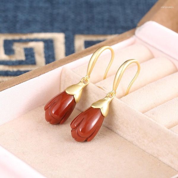 Boucles d'oreilles ES211 ZFSilver 925 Silver Corée FashionTrendy Luxury South Red Agate Slebing Magnolia Brinére d'oreilles Bijoux Femmes Match-All Gift