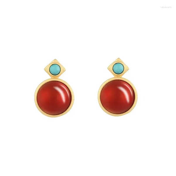 Boucles d'oreilles ES248 ZFSILVER S925 argent coréen à la mode frais sud rouge AgateTurquoise boucle d'oreille ronde bijoux femmes Match-toutes les filles