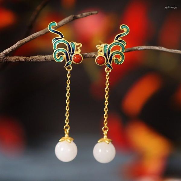 Boucles d'oreilles ES299 ZFSILVER 925 argent mode coréenne luxe Hetian Jade sud rouge Agate balancent Cheongsam boucle d'oreille bijoux pour femmes