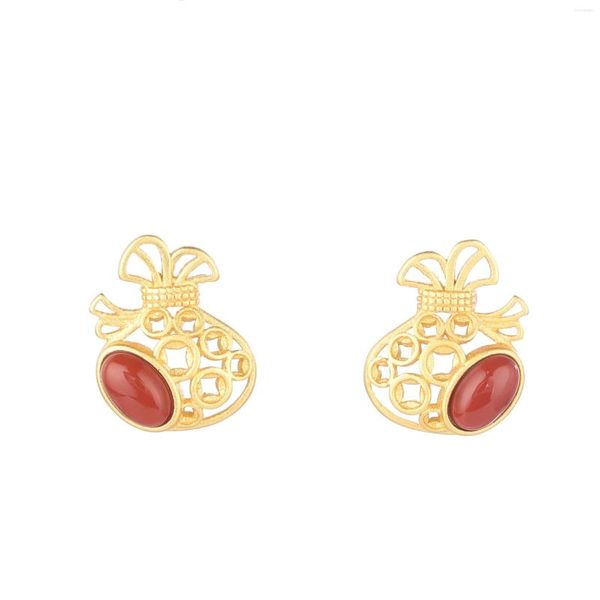 Boucles d'oreilles ES315 ZFSILVER 925 Argent Coréen Mode Luxe Hetian Jade Sud Rouge Agate Chanceux Argent Sac Boucle D'oreille Bijoux Femmes Match-all