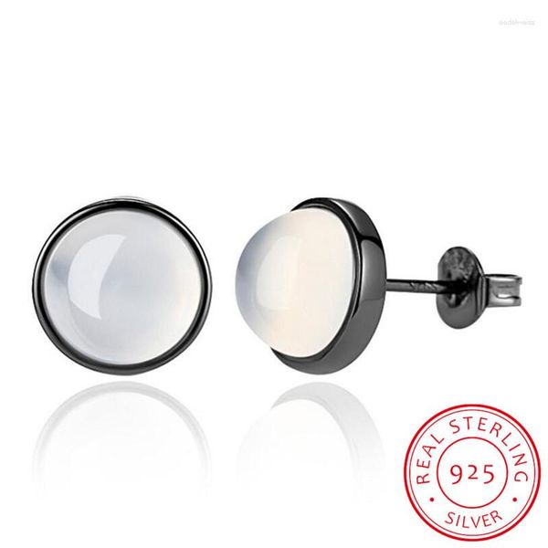 Pendientes de tuerca Est 925 pendiente de plata esterlina Calcedonia piedra de luz de luna Color negro dorado para mujeres Brincos joyería de fiesta